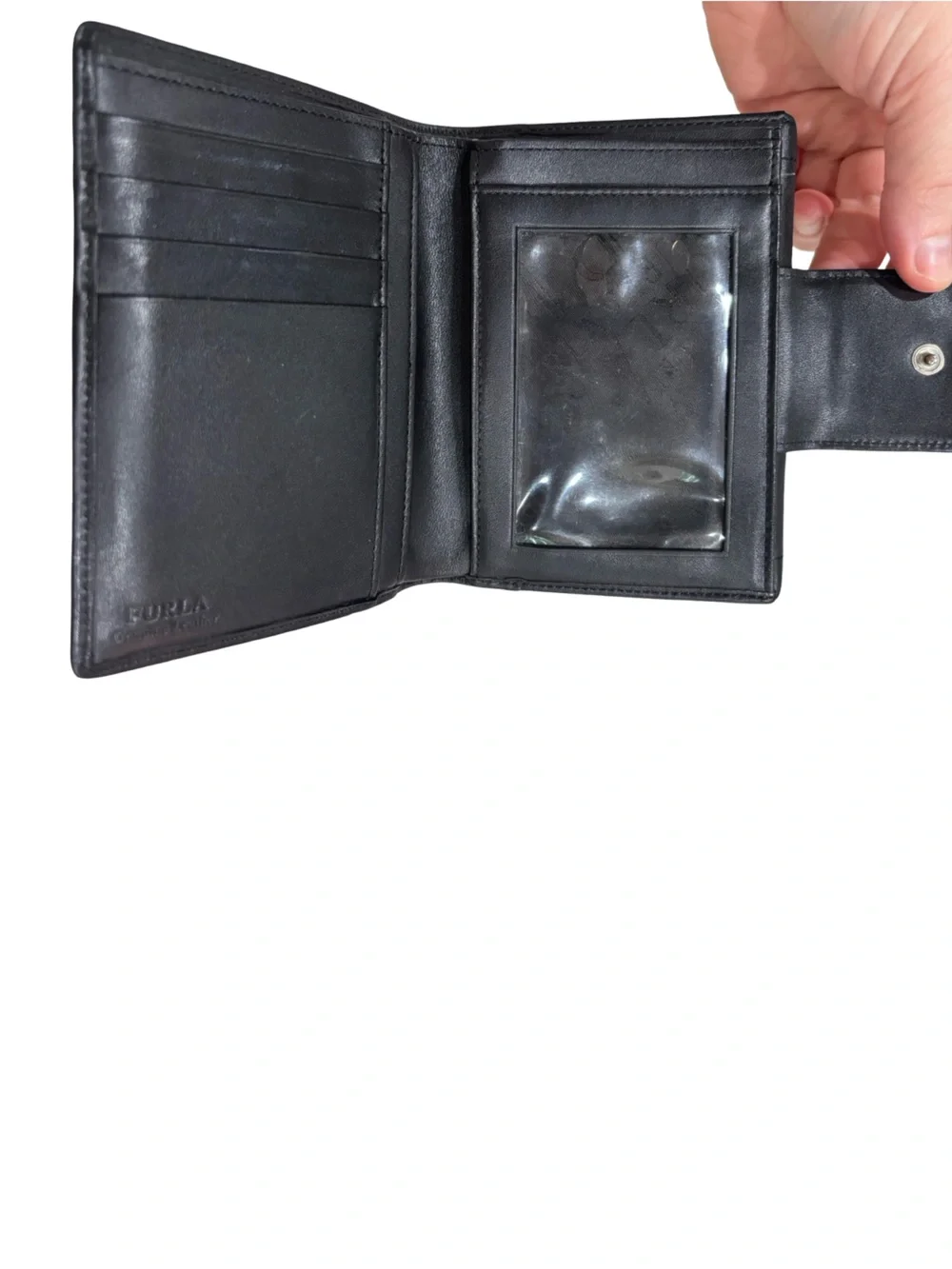 Vintage Furla Black Genuine Leather Bifold Wallet Silver Ring Hardware